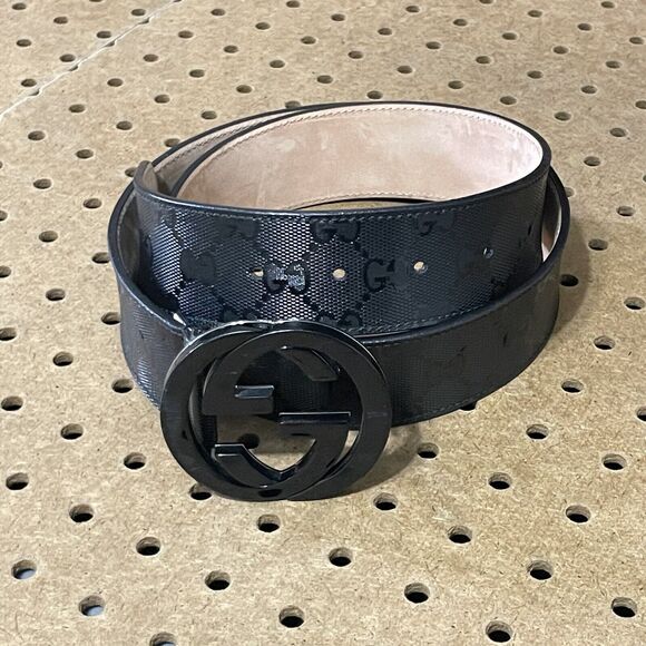 Gucci Belt Mens Size 34/85 Black Imprime Monogram GG Buckle Emblem Italy Made - Picture 2 of 8